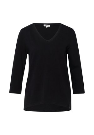 Black long-sleeve V-neck women's shirt with slightly curved hem and simple design, displayed on a white background.