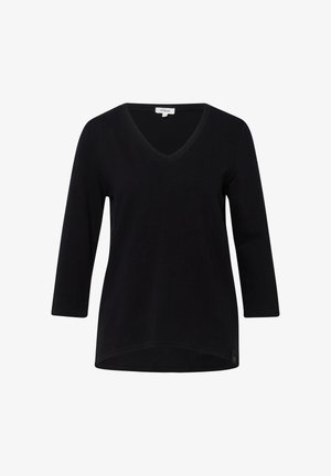 Schwarzes Langarm-Damenhirt mit V-Ausschnitt, leicht geschwungenem Saum und schlichtem Design, dargestellt auf weißem Hintergrund.