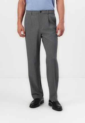 Gray tailored trousers with a textured fabric, featuring a straight cut, belt loops, and a front button closure, paired with black shoes.