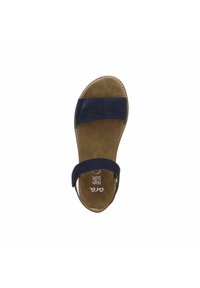 Navy blue sandal with two wide straps and a cushioned sole, featuring a brown footbed and stitching detail along the edges.