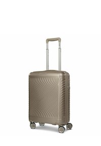 Harde koffer in metallic taupe, met een golfdesign, uittrekbare handgreep en vier soepel rollende wielen. Rits sluitsysteem.