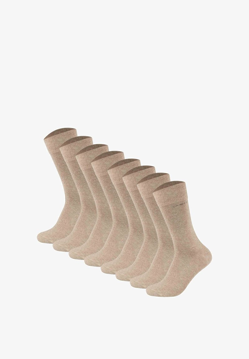 Beige Crew-Socken im Acht-Pack. Hergestellt aus einem weichen, strukturierten Stoff mit einem gerippten Bündchen und einem glatten Körper. Standardsockenform.