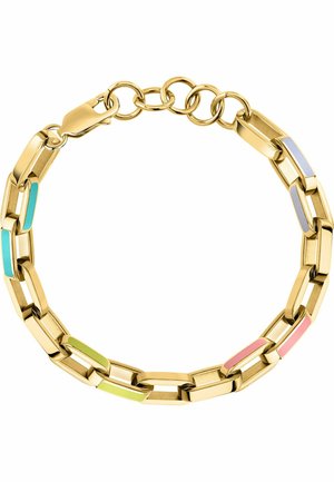 Bracelet en chaîne dorée avec des accents en émail coloré turquoise, vert, blanc et rose. Maillons lisses avec un fermoir à bascule.