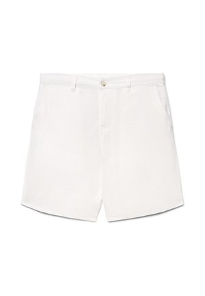 Pantaloncini bianchi in cotone con bottone frontale, passanti per cintura, tasche laterali e un design pulito e semplice.