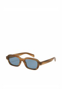 Brown, semi-transparent sunglasses with rectangular blue lenses and thick, smooth frames featuring curved arms.