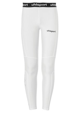 White athletic leggings with a black elastic waistband labeled "uhlsport," featuring a smooth texture and fitted design.