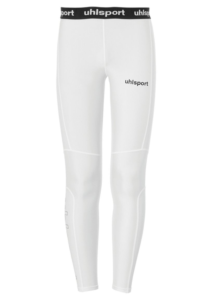 Weiße Sportleggings mit einem schwarzen elastischen Bund, der mit "uhlsport" beschriftet ist. Sie haben eine glatte Textur und eine enganliegende Passform.