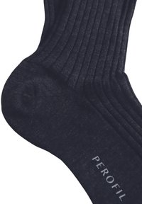 Calze a coste di colore grigio scuro, realizzate in materiale morbido con punta rinforzata. Presentano il nome del marchio "PEROFIL" stampato in bianco.