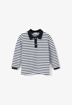 Biała koszula z długim rękawem w czarne poziome paski, czarnym kołnierzem, dwoma drewnianymi guzikami na listwie oraz czarnymi mankietami rękawów.