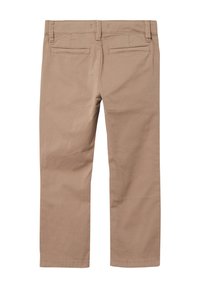 Beżowe bawełniane spodnie o prostym kroju, z tylnymi kieszeniami i gładką teksturą. Prosty design bez wzorów czy ozdób.