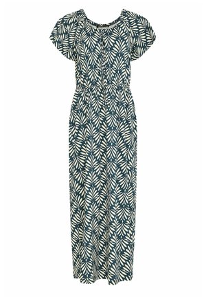 Maxi-jurk met een teal achtergrond en een wit bladpatroon, korte pofmouwen, ronde halslijn en elastische taille detail.