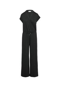 Black wrap-style jumpsuit with short sleeves, elastic waist, and wide-leg trousers; made of a textured, slightly shiny fabric.
