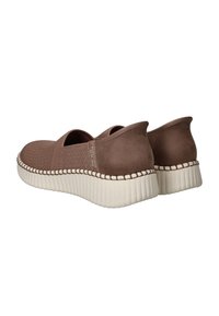 Brown slip-on shoes with a woven upper and smooth back, featuring a textured white rubber sole with stitching accent.