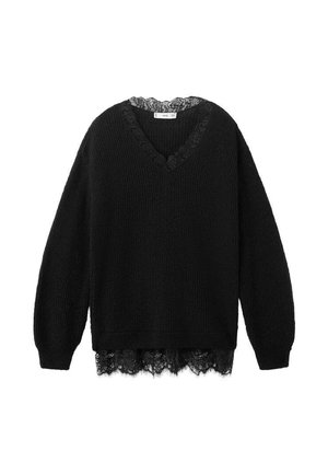 Pulover negru cu mâneci lungi tricotat, cu decolteu în V, cu dantelă la guler și tiv pentru un aspect stratificat.