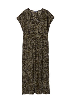 Vestido de estampado de leopardo con mangas cortas y flotantes, escote en V y cintura entallada. Hecho de una tela ligera con un diseño fluido y en capas.