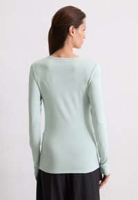 Hellgrünes Langarmshirt mit rundem Ausschnitt und figurnaher Passform, aus glattem Stoff, von hinten vor einem neutralen Hintergrund gezeigt.