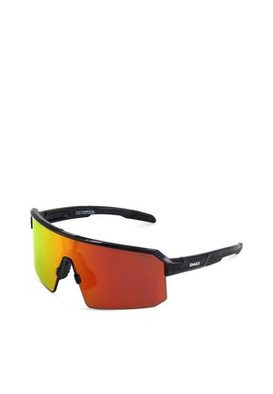 Mustakehyiset urheilulasit, joissa on suuri oranssinpunainen heijastava linssi ja säädettävät nenätyynyt.