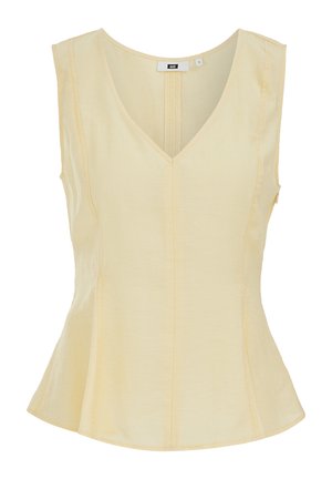 Blouse sans manches jaune pâle avec encolure en V et taille cintrée, présentant des détails de coutures verticales pour la forme.