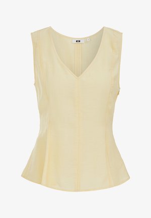 Varrukateta kahvatikollane pluus V-kaelusega ja keha järgi lõigatud vöökohaga, millel on vertikaalsed õmblused kujundi rõhutamiseks.