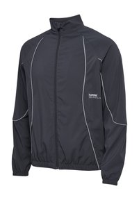 Mörkgrå idrottsjacka med blixtlås fram, hög krage, elastiska ärmmuddar och vita detaljer längs sömmarna. Har varumärkeslogotyp på bröstet.