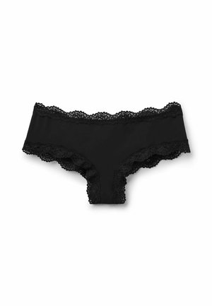 Zwarte onderkleding met kanten rand, gemaakt van een zachte, doorschijnende stof, met een gegolfde rand en gemiddelde bedekking in een low-rise stijl.