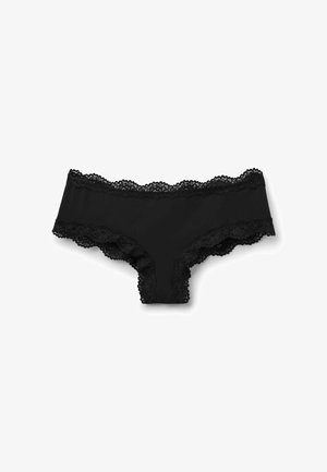 Zwarte onderkleding met kanten rand, gemaakt van een zachte, doorschijnende stof, met een gegolfde rand en gemiddelde bedekking in een low-rise stijl.