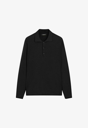 Black long-sleeve polo shirt featuring a classic collar, three buttons, and a smooth texture. Simple and versatile design.