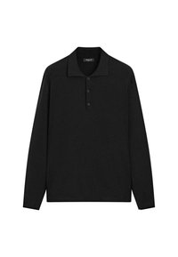 Czarna, długosleeveowa koszulka polo z klasycznym kołnierzykiem, trzema guzikami i gładką teksturą. Prosty i wszechstronny design.