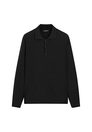 Black long-sleeve polo shirt featuring a classic collar, three buttons, and a smooth texture. Simple and versatile design.