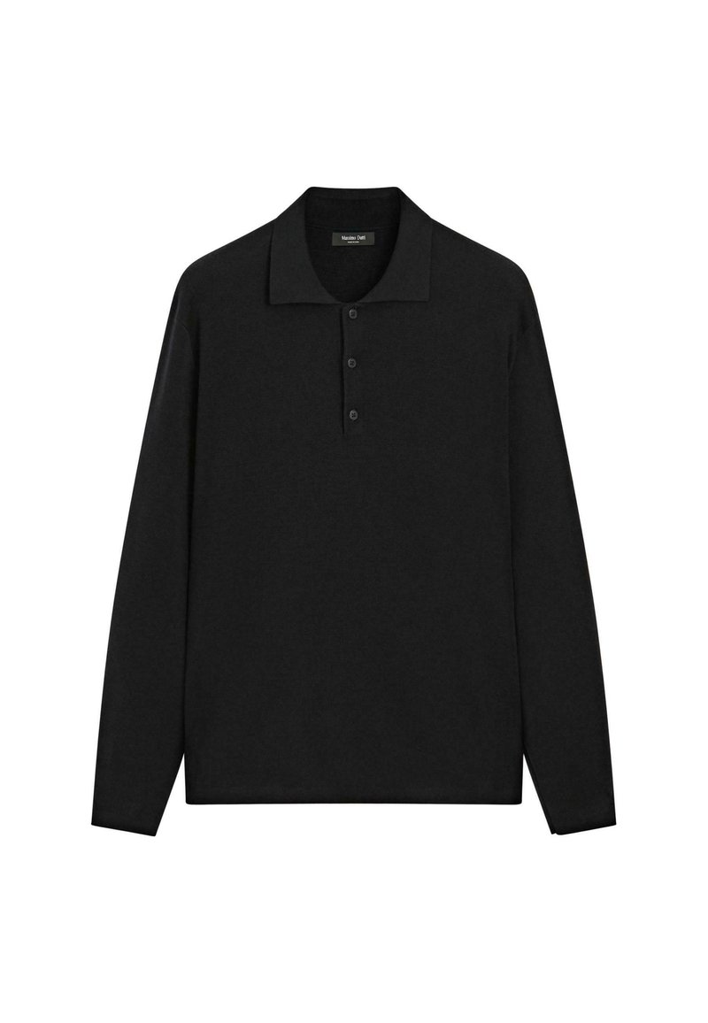 Czarna, długosleeveowa koszulka polo z klasycznym kołnierzykiem, trzema guzikami i gładką teksturą. Prosty i wszechstronny design.