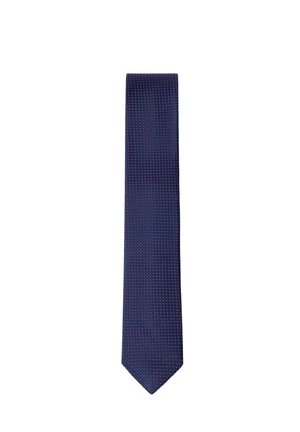 Corbata azul marino con pequeño patrón de puntos rojos y blancos, mostrada extendida sobre un fondo blanco.