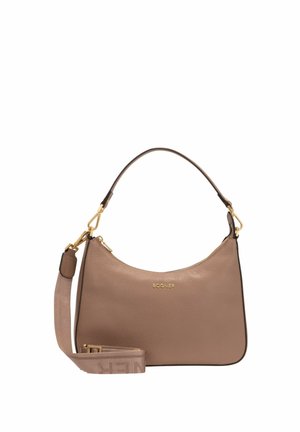 Borsa a tracolla in pelle marrone chiaro con ferrature dorate, manico superiore e tracolla regolabile e staccabile in tessuto con marchio in rilievo.