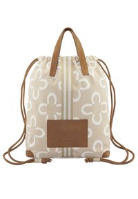 Zaino con cordoncino in canvas beige con motivi floreali bianchi, manici in pelle e una patch in pelle marrone con il logo sul davanti.
