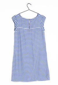 Blå- och vitrandig klänning med rund halsringning, korta ärmar och en guldfärgad dragkedjedetalj framtill. Tillverkad av lätt och mjukt tyg.