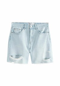 Lyseblå denimshorts med frynset kant og slidte detaljer. Har to frontlommer og knaplukning.