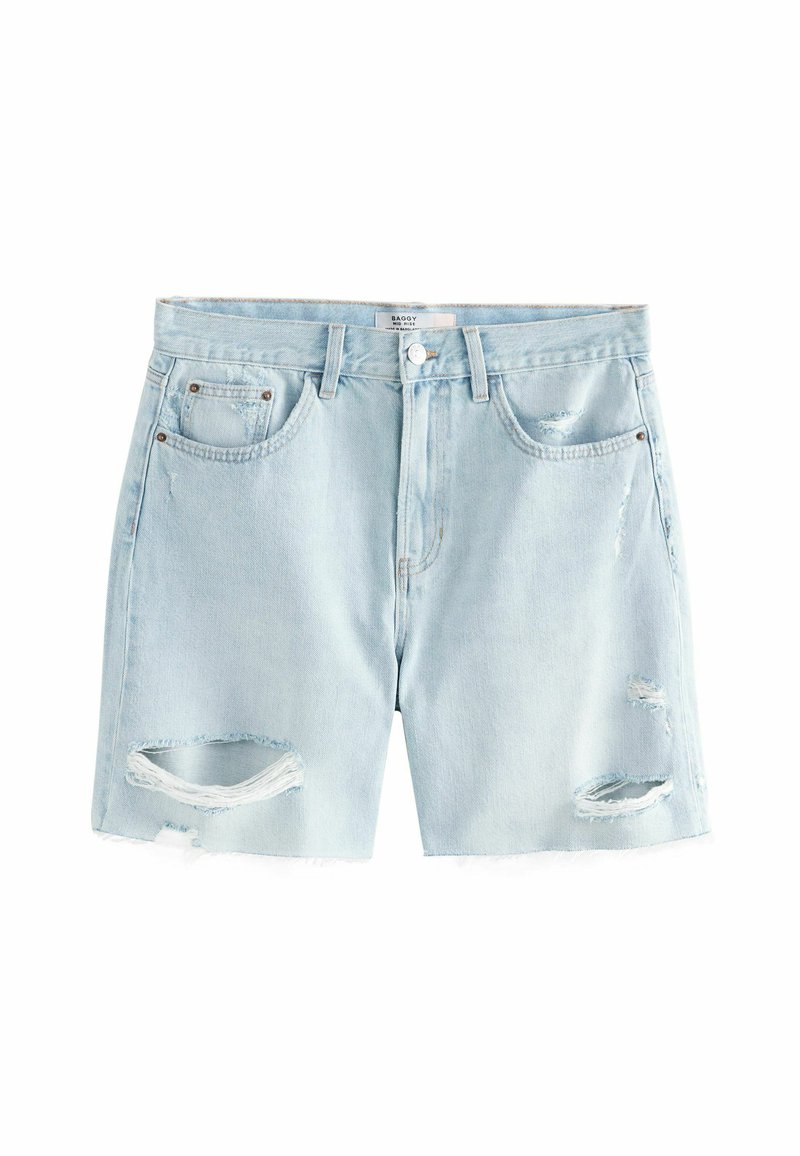 Lyseblå denimshorts med frynset kant og slidte detaljer. Har to frontlommer og knaplukning.