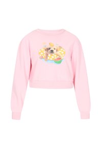 Różowa krótka bluza z grafiką szczeniaka na dmuchanym kole, z gumową kaczką i kawałkami arbuza. Miękki bawełniany materiał.