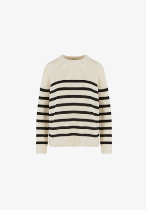 Un pull crème avec des rayures horizontales noires, texture côtelée, col rond et coupe décontractée. Manches longues avec des détails de motif contrastants.