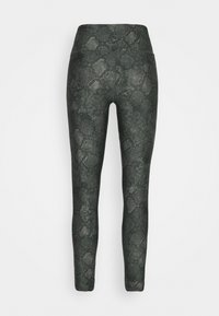 Legginsy z wysokim stanem w ciemnozielonym kolorze z teksturowanym wzorem w węża. Dopasowany krój, elastyczny pas i gładki materiał, odpowiednie do odzieży sportowej.