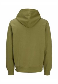 Bluza z kapturem w oliwkowym kolorze, wykonana z miękkiej bawełny. Posiada ryflowane wykończenie u dołu i na mankietach, charakteryzuje się minimalistycznym stylem i brakiem widocznych wzorów.