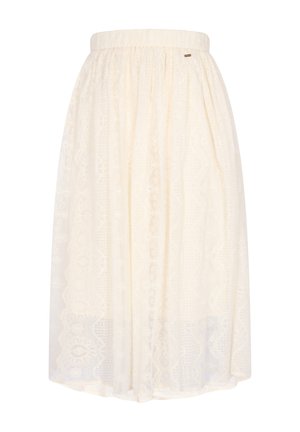 Elefántcsont térdig érő szoknya rugalmas derékszalaggal, áttetsző csipkeből készült, finom, bonyolult virágmintákkal díszítve.