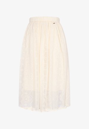 Ivory knee-length skirt with elastic waistband, featuring sheer lace fabric and subtle intricate floral patterns throughout.