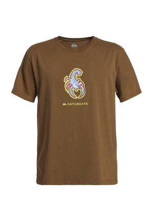 Brown cotton t-shirt featuring a scorpion graphic in blue and red with "SATURDAYS" text below. Short sleeves and crew neckline.