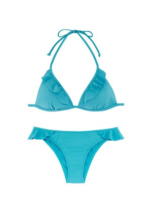 Ensemble de bikini turquoise avec un haut triangle orné de volants et de bretelles à nouer, bas assorti avec une bordure à volants le long de la taille. Texture lisse.