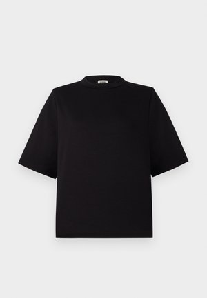 Juodas trumpos rankovės marškinėliai su aukštu apykakle. Pagaminti iš lygaus audinio, turi laisvą prigludimą ir jokių matomų raštų ar akcentų.