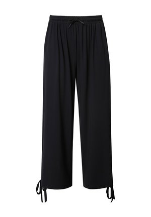 Zwarte, lichtgewicht cropped broeken met een elastische tailleband, verstelbare trekkoord en strikdetails aan de onderkant. Gladde textuur, relaxte pasvorm.