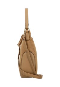 Tasche in Tan aus Leder und Wildleder, Seitenansicht zeigt den verstellbaren Trageriemen und Hardware in Goldoptik, akzentuierte Stichdetails.