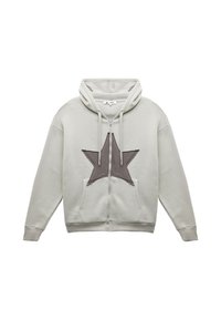 Grijze zip-up hoodie met een grote bruine ster applicatie aan de voorkant, met twee voorzakken en een capuchon met trekkoord.