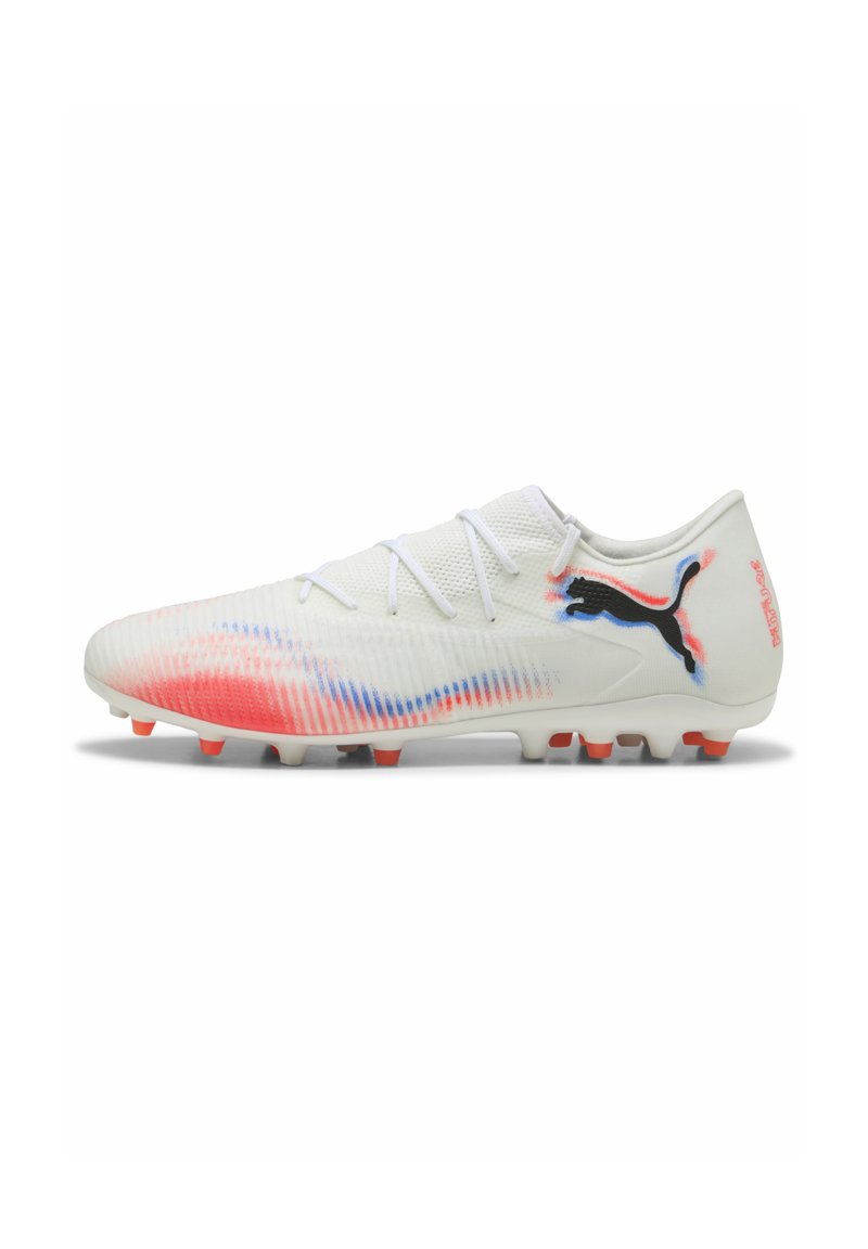 Football boots with a white mesh upper, gradient splashes of red and blue, black logo, and orange studs for traction. Sleek and aerodynamic design.