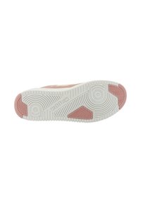 Pink sneaker sole with a white rubber tread, featuring indented patterns and branding. The design includes a textured pink accent at toe.